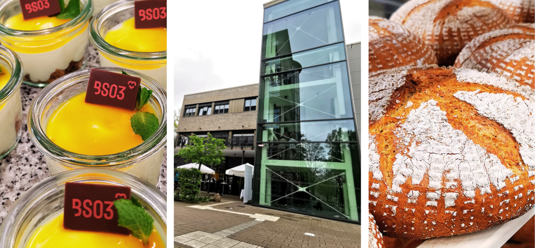 Zu sehen sind drei Bilder. Links sieht man mehrere kleine Dessertgläser mit einem orangenen Pudding, einem Minzblatt und Schokotafel mit der Aufschrift BS03. In der Mitte sieht man einen modernen zweistöckigen Neubau aus grauem Klinker und mit gläsernem Treppenhaus. Davor stehen einige Menschen unter weißen Sonnenschirmen. Rechts sieht man einen mit Mehl bestäubten, runden Laib Brot.