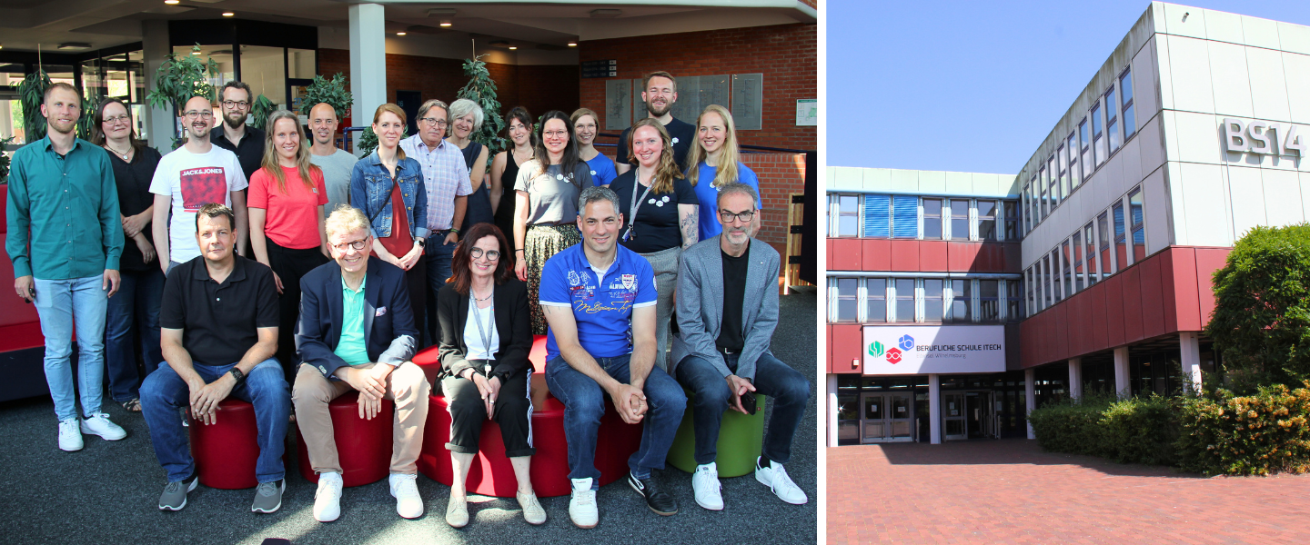 Zu sehen sind zwei Bilder. Links ein Gruppenfoto mit 20 Personen. Zum Großteil sind es männliche und weibliche Lehrkräfte der BS14, teilweise in T-Shirts mit Schullogo. Außerdem sind Mitglieder der Jury des deutschen Schulpreises zu sehen. Mittig sitzt Schulleiterin Monika Stausberg.