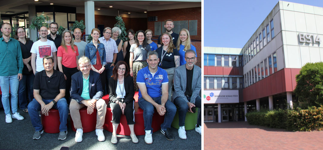 Zu sehen sind zwei Bilder. Links ein Gruppenfoto mit 20 Personen. Zum Großteil sind es männliche und weibliche Lehrkräfte der BS14, teilweise in T-Shirts mit Schullogo. Außerdem sind Mitglieder der Jury des deutschen Schulpreises zu sehen. Mittig sitzt Schulleiterin Monika Stausberg.