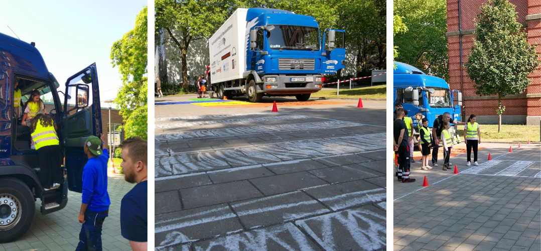 Das Titelbild ist in drei Bilder unterteilt. zu sehen ist links das Fahrerhaus eines blauen LKW mit offener Beifahrertür. Hier sieht man drei Mädchen im Grundschulalter mit gelben Warnwesten, die darauf warten aus dem LKW auszusteigen. Das erste Mädchen mit langen braunen Haaren klettert gerade die kleine Leiter hinunter. Unten stehen zwei junge Männer in blauer Kleidung, die auf die Mädchen warten. Das mittlere Bild zeigt einen mit Kreide auf den Schulhof gemalten Zebrastreifen, einige Verkehrshütchen und im Hintergrund einen blauen LKW mit weißem Anhänger. recht sieht man, wie ein Berufsschullehrer mit grauen Haaren und Bart einer Gruppe von fünf Kindern in gelben Warnwesten etwas erklärt. Er trägt eine schwarze Weste und eine Arbeitshose und sie stehen an dem aufgemalten Zebrastreifen. Daneben stehen zwei junge männliche Auszubildende. Im Hintergrund wieder der blaue LKW und ein rotes BAcksteingebäude.