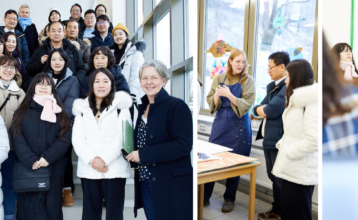 Collage aus drei Bildern. Links ein Gruppenfoto der Delegation aus Südkorea gemeinsam mit Schulleiterin Wiebke Schuleit und Beate Gröblinghoff, die im HIBB für Internationales zuständig ist. Die anderen Bilder zeigen Unterrichtssituationen mit den Gästen.