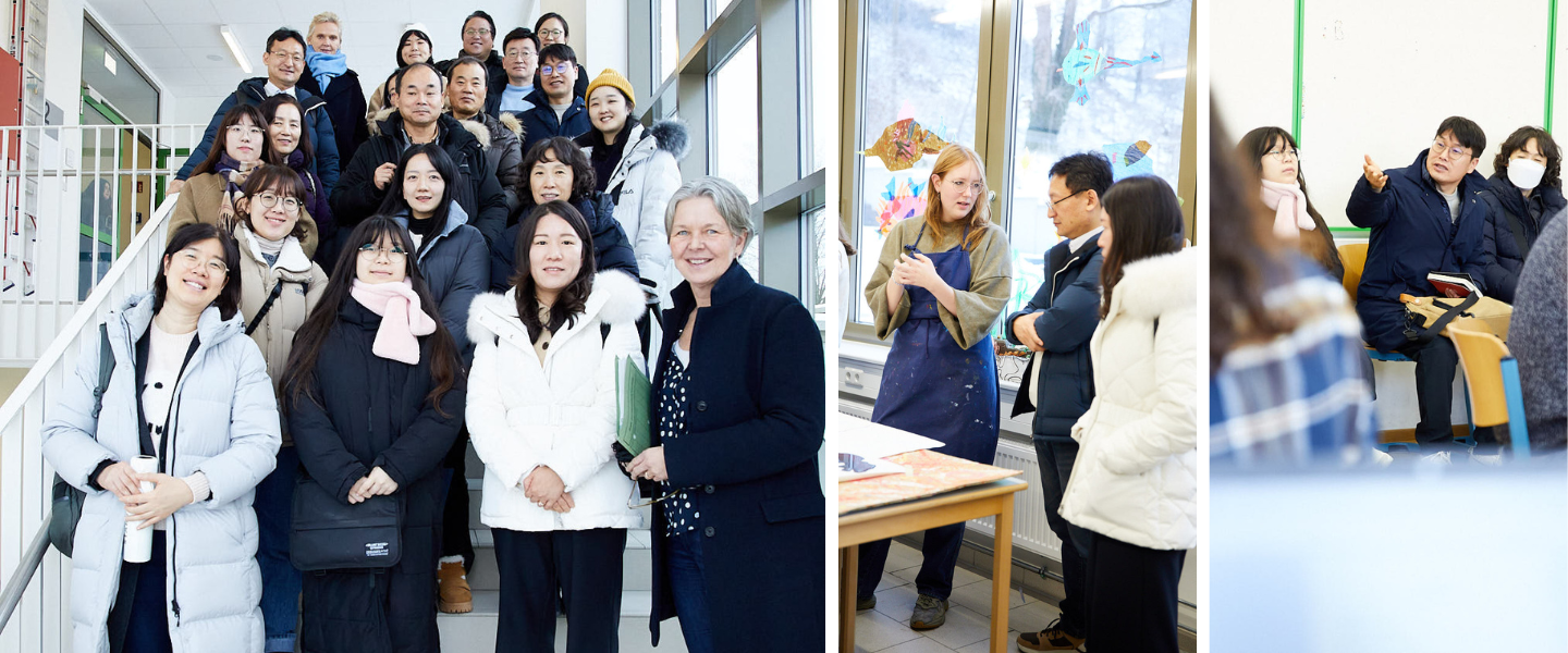 Collage aus drei Bildern. Links ein Gruppenfoto der Delegation aus Südkorea gemeinsam mit Schulleiterin Wiebke Schuleit und Beate Gröblinghoff, die im HIBB für Internationales zuständig ist. Die anderen Bilder zeigen Unterrichtssituationen mit den Gästen.