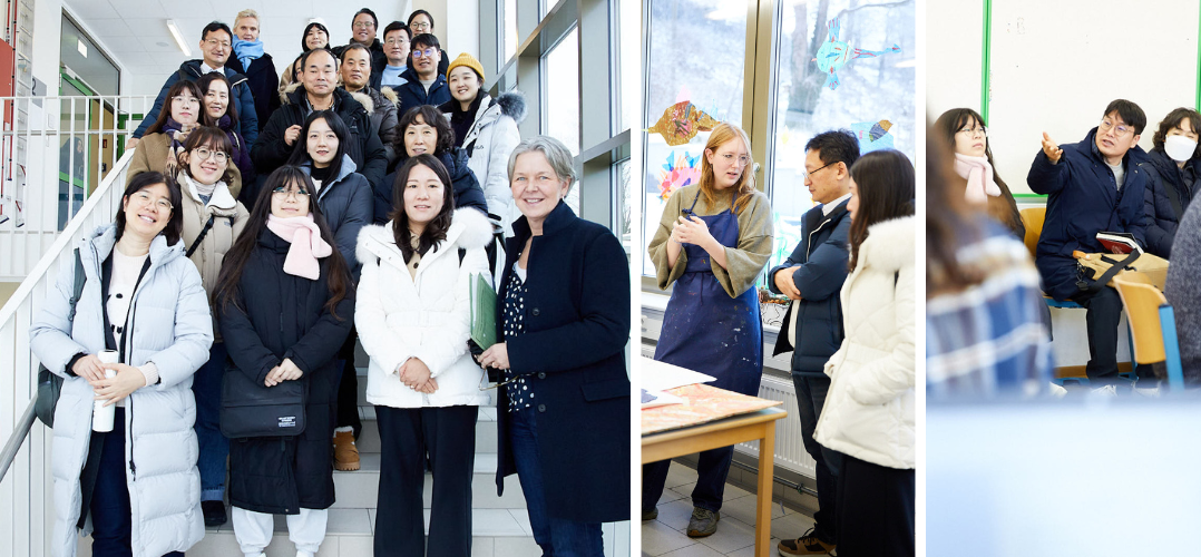 Collage aus drei Bildern. Links ein Gruppenfoto der Delegation aus Südkorea gemeinsam mit Schulleiterin Wiebke Schuleit und Beate Gröblinghoff, die im HIBB für Internationales zuständig ist. Die anderen Bilder zeigen Unterrichtssituationen mit den Gästen.