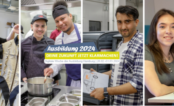 Vier Bilder von jungen Menschen in der Ausbildung. Davor ist ein Schriftzug "Ausbildung 2024, Deine Zukunft jetzt klarmachen! Digitale Woche der Ausbildung Hamburg - 26.02.-1.3.2024"